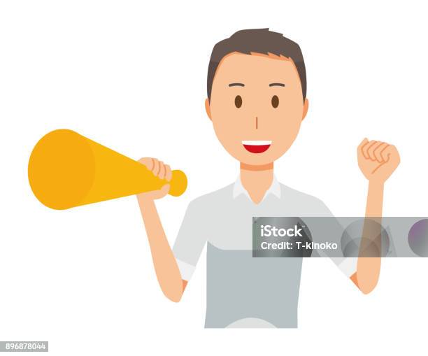 A Man Wearing A Short Sleeve Shirt Has A Megaphone Stock Illustration - Download Image Now - 20-29 Years, Adult, Adults Only