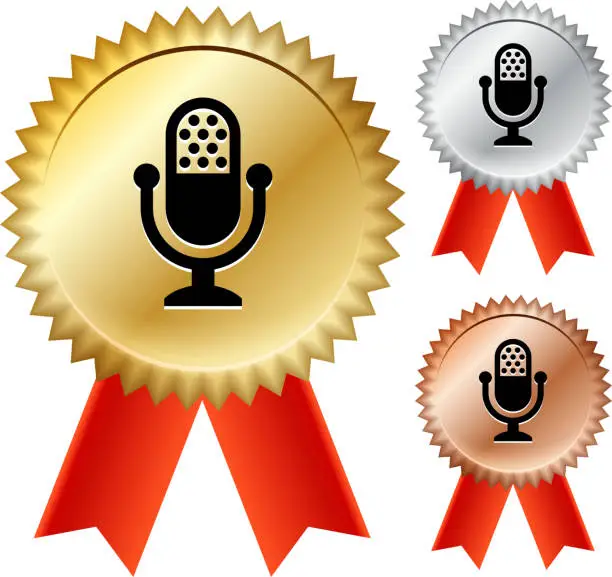 Vector illustration of Broadcasting Microphone Gold Medal Prize Ribbons