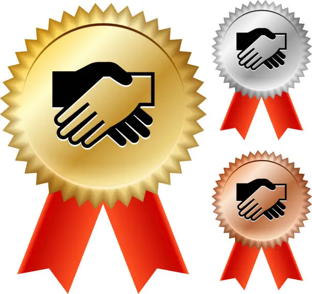 Vector illustration of Handshake  Gold Medal Prize Ribbons