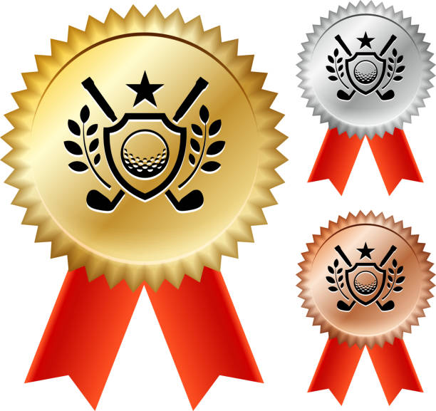 ilustrações de stock, clip art, desenhos animados e ícones de golf emblem gold medal prize ribbons - shield bronze gold silver