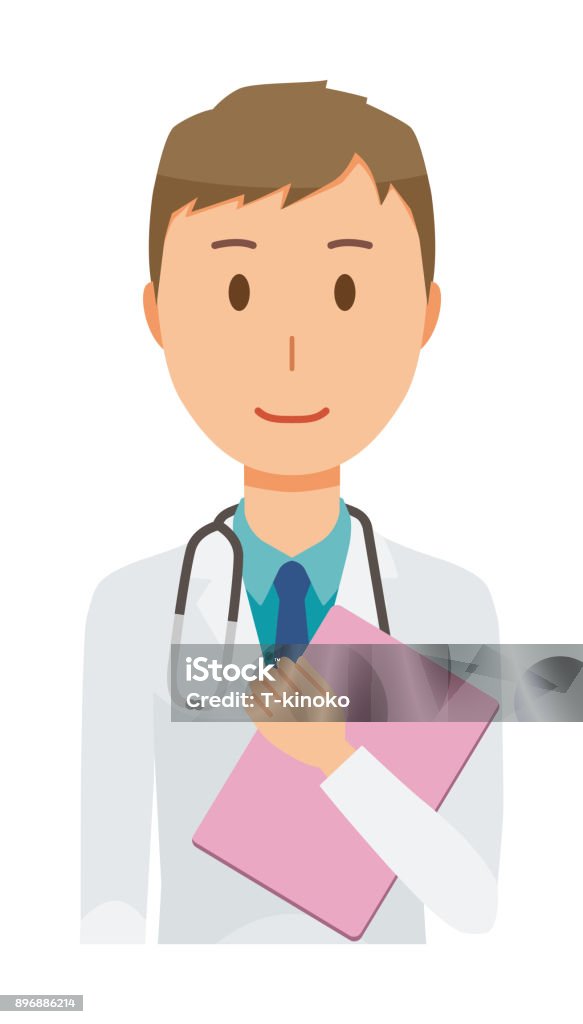 A young male doctor wearing a white suit has a file Adult stock vector