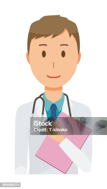 A Young Male Doctor Wearing A White Suit Has A File Stock Illustration - Download Image Now