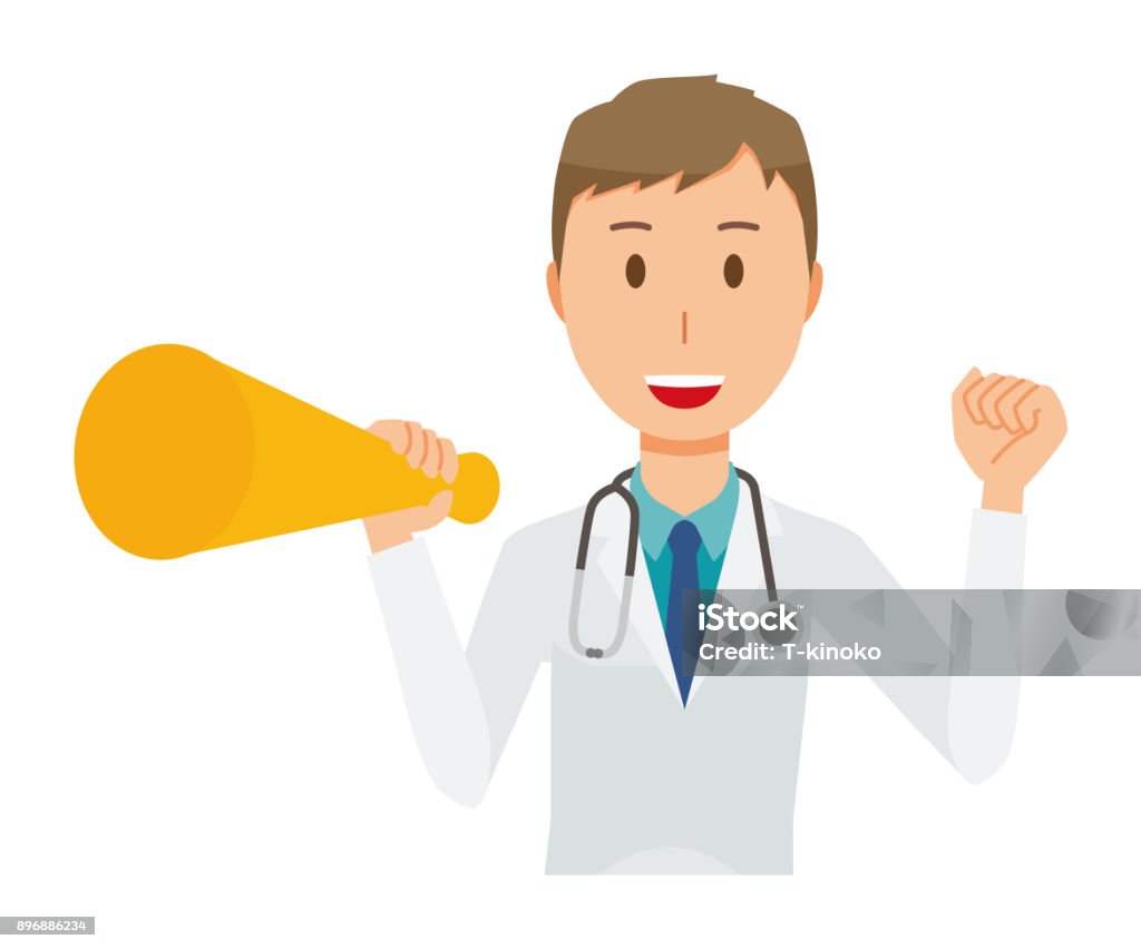 A young male doctor wearing a white suit has a megaphone Adult stock vector