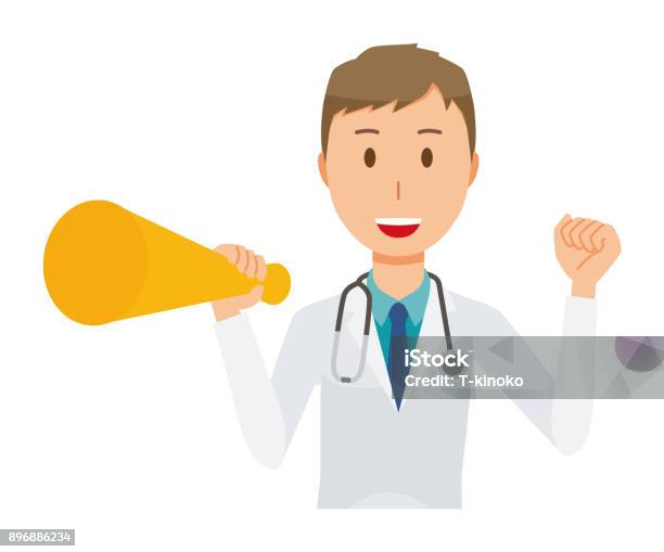 A Young Male Doctor Wearing A White Suit Has A Megaphone Stock Illustration - Download Image Now