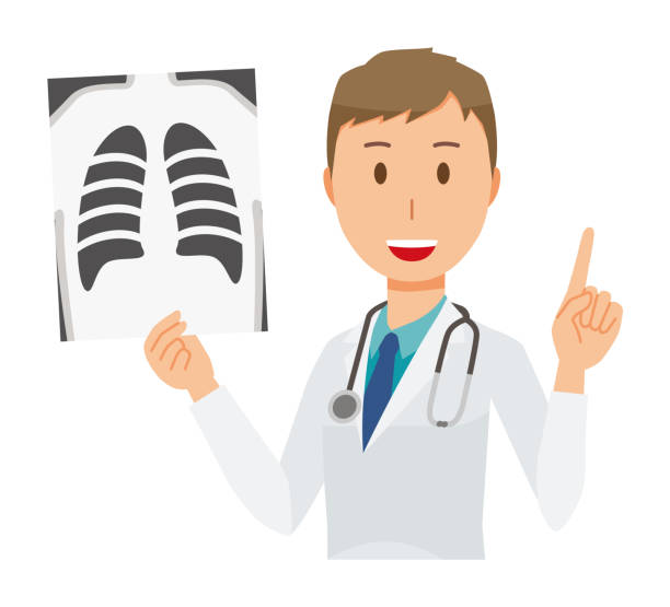 A young male doctor wearing a white suit has an X-ray picture A young male doctor wearing a white suit has an X-ray picture x ray results stock illustrations
