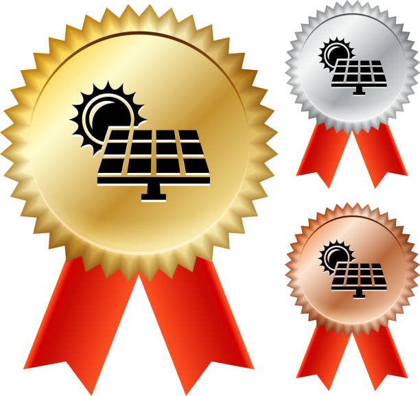 ilustraciones, imágenes clip art, dibujos animados e iconos de stock de panel solar medalla de oro premio cintas - silver medal award ribbon green