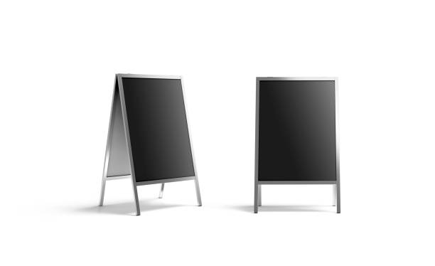 Blank black metallic outdoor stand mockup set, isolated Blank black metallic outdoor stand mockup set, isolated, front and side view, 3d rendering. Clear street signage board mock up. A-board with metal frame template. store sign stock pictures, royalty-free photos & images