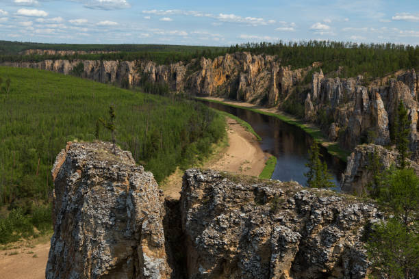 istock Top view of the river from a rocky shore. 896892344