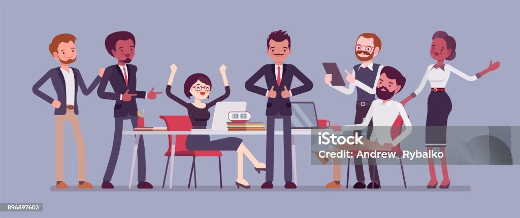 Successful team gathering Successful team gathering. Group of young people, startup company celebrating completed task, job, or common project, entrepreneurial venture. Vector business concept flat style cartoon illustration Manager stock vector