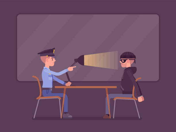 Interrogation with lamp Interrogation with lamp. Policeman questioning the criminal, using light techniques, man arrested or suspected asked, interviewing by police. Vector flat style cartoon illustration police interview stock illustrations