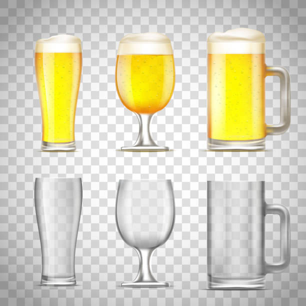 Set of glass of beer Set of glass of beer and jug, empty and with alcohol on a transparent background. Stock vector illustration. glass of beer stock illustrations