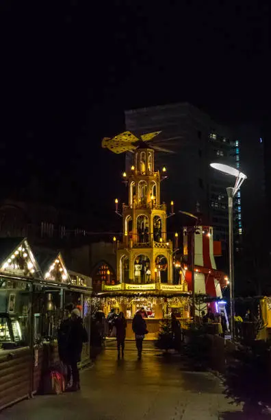 Christmas market at night, Cathedral Gardens, Manchester