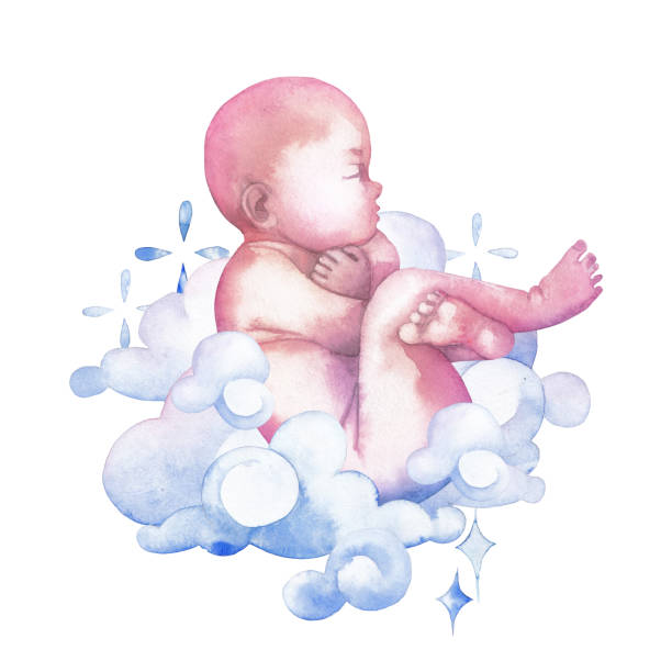 ilustraciones, imágenes clip art, dibujos animados e iconos de stock de acuarela infantil rodeado de nubes y destellos - human pregnancy flash