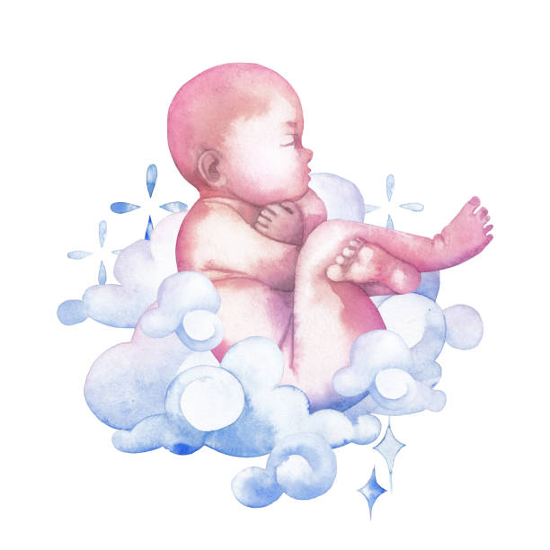 ilustrações, clipart, desenhos animados e ícones de criança em aquarela, rodeada por nuvens e brilhos - baby goods flash