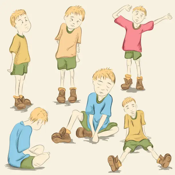 Vector illustration of illustration of a teen boy in various poses and emotions