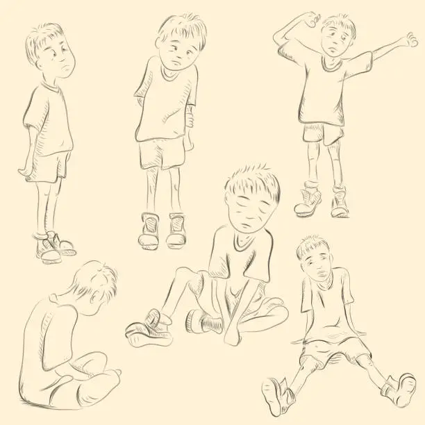 Vector illustration of sketch teen boy in various poses and emotions