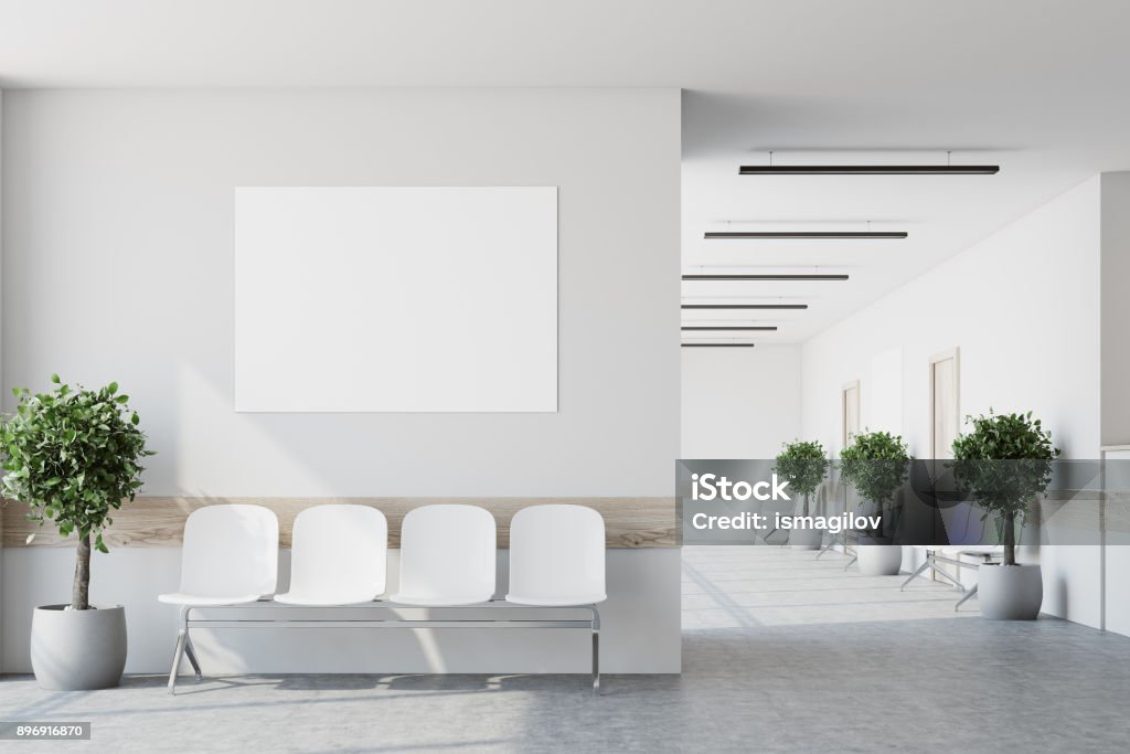 White hospital lobby, poster White hospital corridor with doors and white chairs for patients waiting for the doctor visit. A poster. 3d rendering mock up Hospital Stock Photo