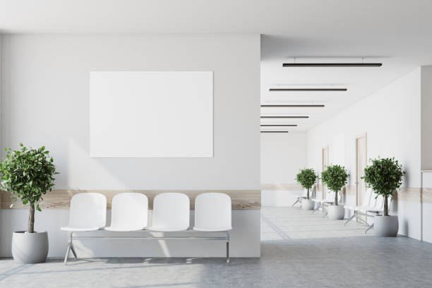 White hospital lobby, poster White hospital corridor with doors and white chairs for patients waiting for the doctor visit. A poster. 3d rendering mock up lobby stock pictures, royalty-free photos & images