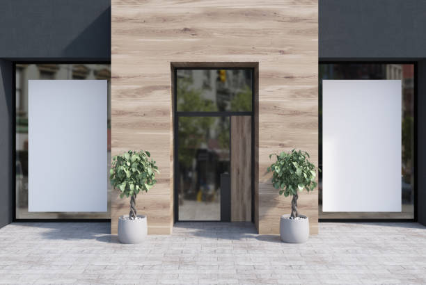 istock Black and wooden cafe facade, two posters 896919576