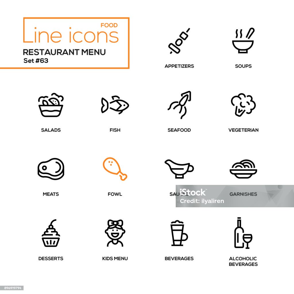 Restaurant menu - line design icons set Restaurant menu - line design icons set. High quality black pictograms. Appetizers, soups, salad, seafood, fish, vegetarian, meat, fowl, sauce, garnishes, desserts, for kids, soft, alcoholic beverages Appetizer stock vector