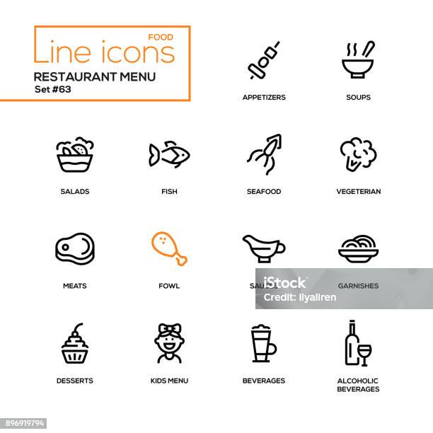 Restaurant Menu Line Design Icons Set Stock Illustration - Download Image Now - Appetizer, Icon Symbol, Child