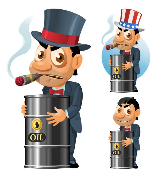 Vector illustration of Funny man in the top hat smokes a cigar and holds oil barrel. Cartoon styled vector illustration.