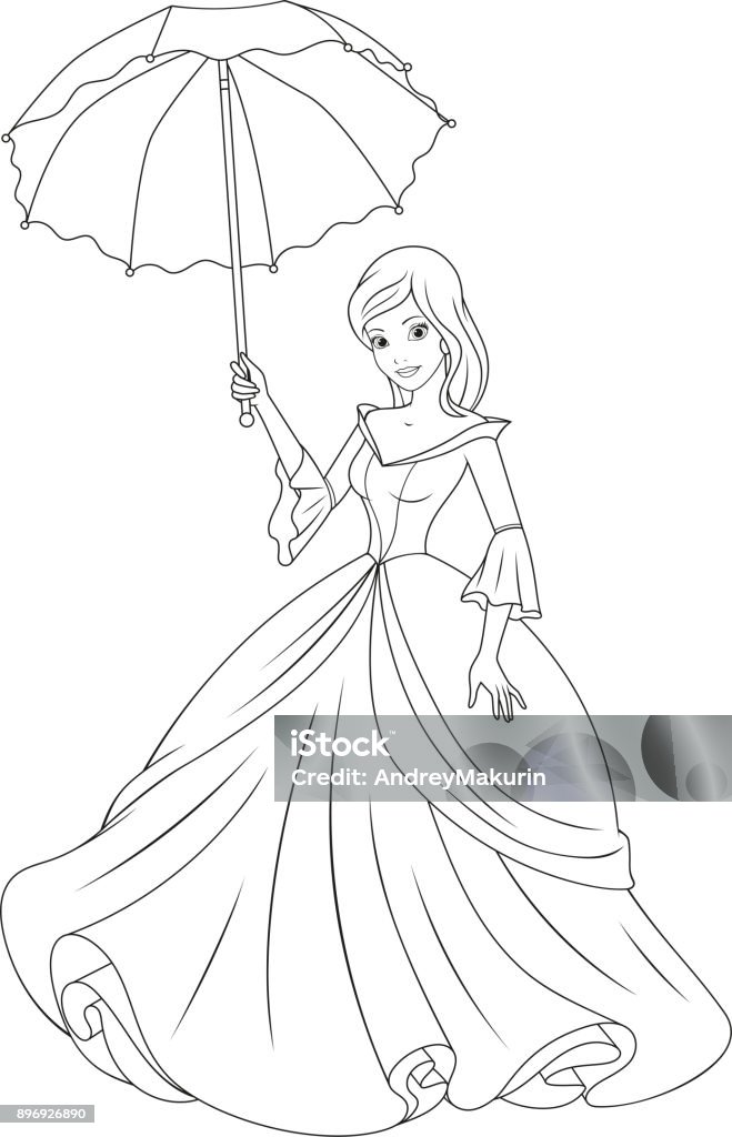 Beautiful Princess Vector illustration, beautiful fairy princess with an umbrella, on a white background, coloring. Cinderella stock vector