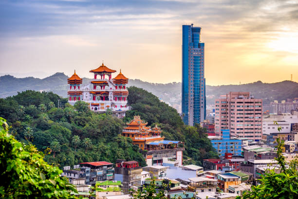 Keelung, Taiwan Skyline Keelung, Taiwan cityscape and temples at dusk. taipei photos stock pictures, royalty-free photos & images