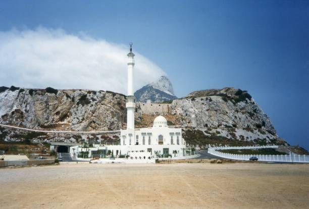 The Ibrahim-al-Ibrahim Mosque, located at Europa Point in the British overseas territory of Gibraltar, a peninsula in southern Spain. The mosque faces south towards the Strait of Gibraltar and Morocco.