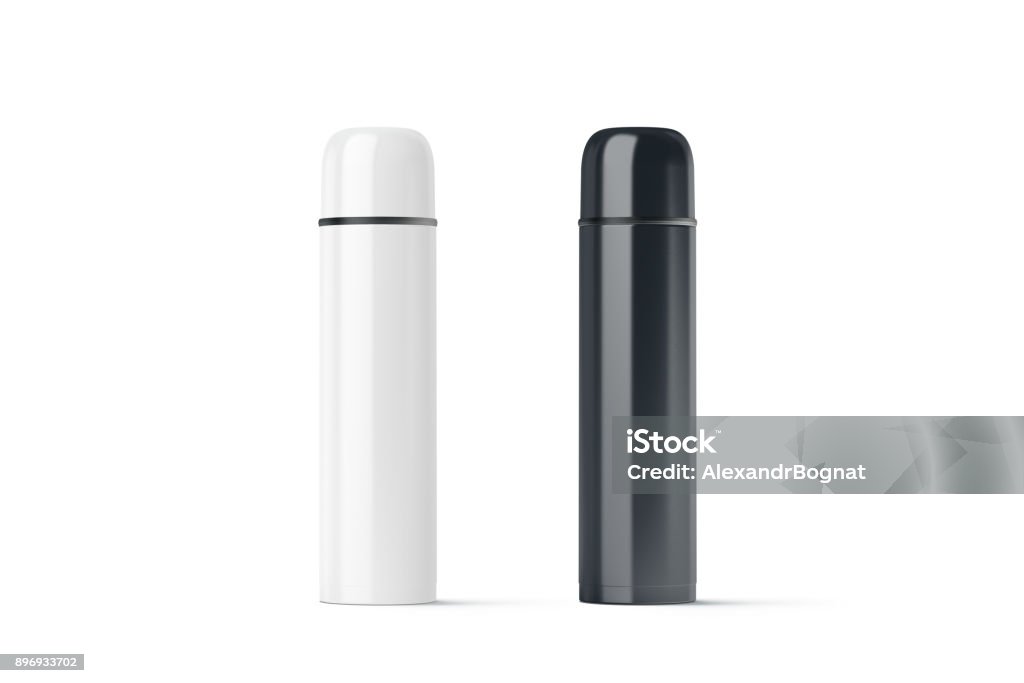 Blank black and white closed travel thermos mock up Blank black and white closed travel thermos mock up, 3d rendering. Empty traveler bottle mockup isolated. Clear drink container template. Plain thermo mug for tea or coffee. Water Bottle Stock Photo