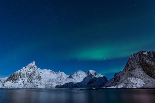 istock Steep winter mountains in moon light under Aurora Borealis lights in northern Norway 896967642