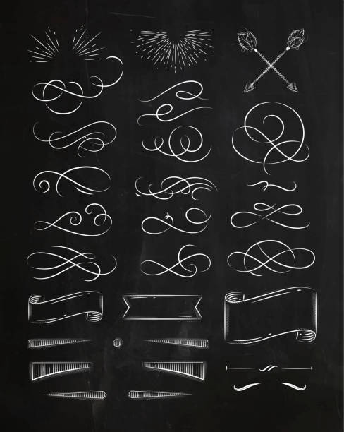 illustrazioni stock, clip art, cartoni animati e icone di tendenza di gesso elementi grafici vintage calligrafici - drawing symbol chalk blackboard