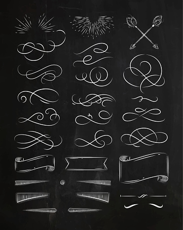 Calligraphic elements in vintage graphic style drawing with chalk on chalkboard background