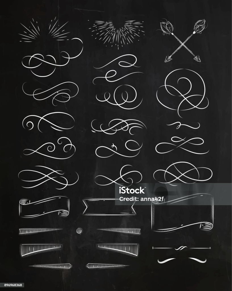 Calligraphic vintage graphic elements chalk Calligraphic elements in vintage graphic style drawing with chalk on chalkboard background Chalkboard - Visual Aid stock vector