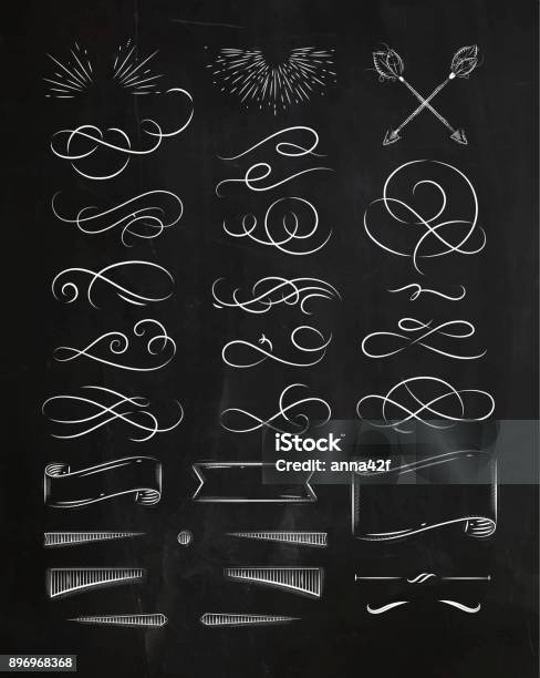 Calligraphic Vintage Graphic Elements Chalk Stock Illustration - Download Image Now - Chalkboard - Visual Aid, Menu, Design Element