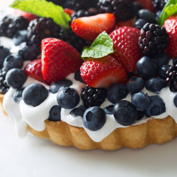 istock Mixed berry torte made with strawberries, blueberries and blackberries garnished with fresh mint. 896968514