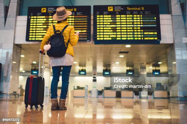 Tourist At Barcelona International Airport Stock Photo - Download Image Now - Airport, Travel, Flying