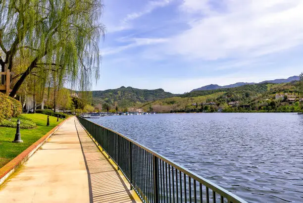 View of Westlake Village lake, a reservoir in an upscale community in Southern California.