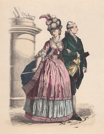 Fashion of nobility, Rococo era, second third of the 18th century, before 1780. Hand colored wood engraving, published c. 1880.