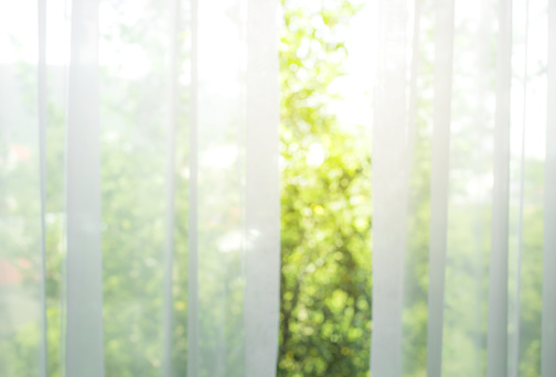 Blur of white curtain with window view / tree garden background.