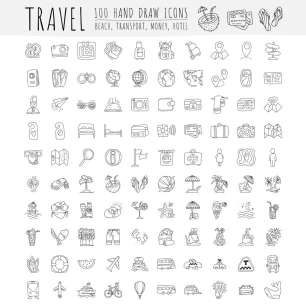 Travel hand draw icons. Icon lined cartoon collection about adventure, outdoor activities, beach, summer, travelling, get a vacation and extremal sport. Traveling icon set Travel hand draw icons. Icon lined cartoon collection about adventure, outdoor activivies, beach, summer, travelling, get a vacation and extremal sport. Traveling icon set, sketch doodle elements adventure drawings stock illustrations