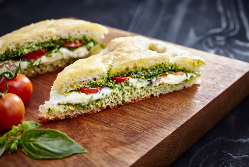 Focaccia Sandwich with mozzarella, tomato and pesto