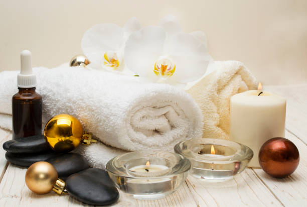 istock spa concept, wellness objects on wood plant , christmas background. Present holiday 897027446
