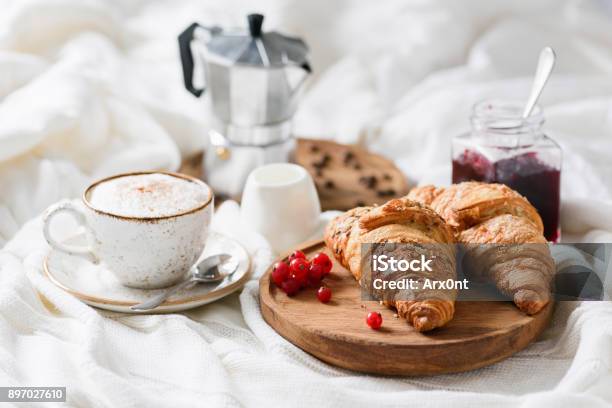 Breakfast In Bed With Croissants Coffee And Jam Stock Photo - Download Image Now - Breakfast, Bed - Furniture, Croissant