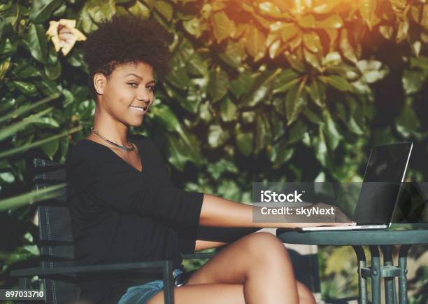 Brazilian Woman In Public Park With Netbook Stock Photo - Download Image Now - Adult, Adults Only, African Ethnicity