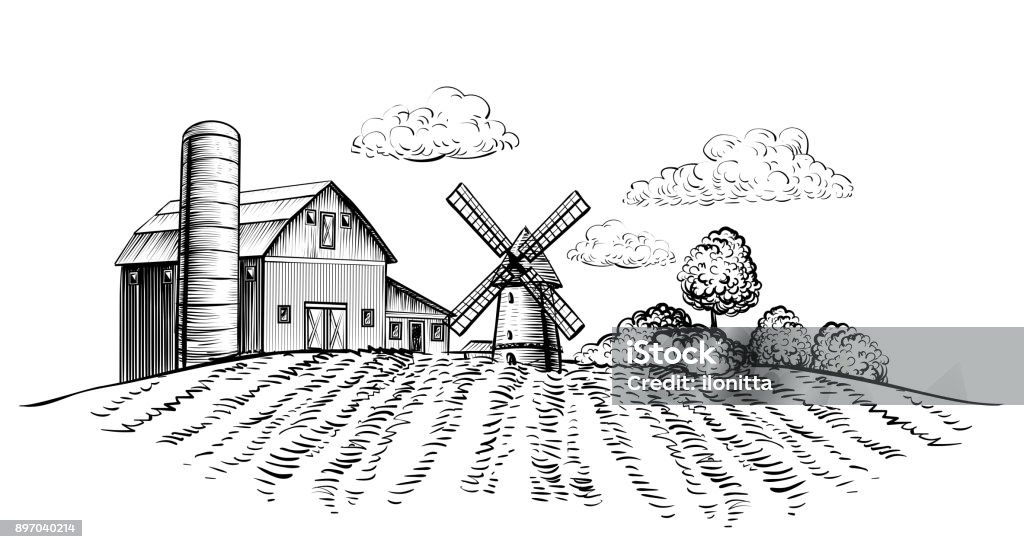 Farm Barn And Windmill On Agricultural Field On Background Trees Rural  Landscape Hand Drawn Sketch Style Horizontal Illustration Stock  Illustration - Download Image Now - iStock