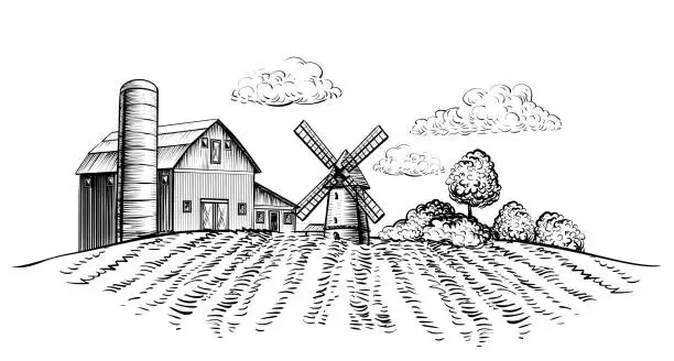 Vector illustration of Farm barn and windmill on agricultural field on background trees rural landscape hand drawn sketch style horizontal illustration