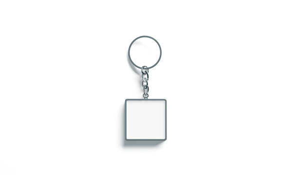 istock Blank metal square white key chain mockup top view 897060694