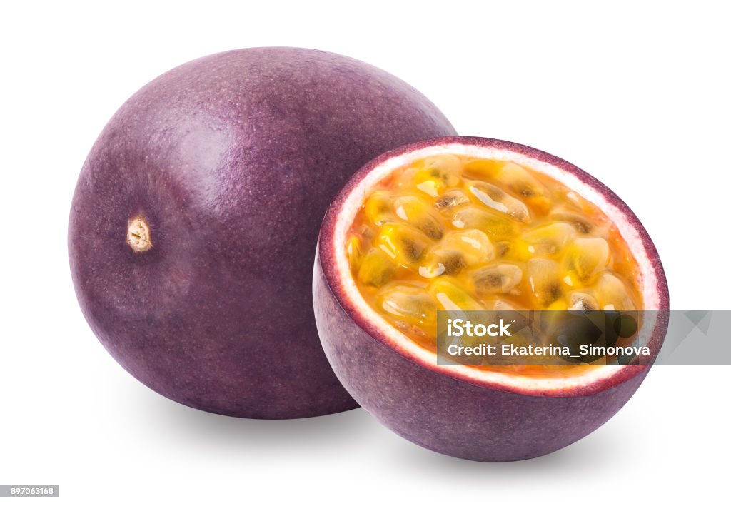 Passion fruit isolated Passion fruit isolated. Whole passionfruit and a half of maracuya isolated on white background. Clipping path included. Passion Fruit Stock Photo