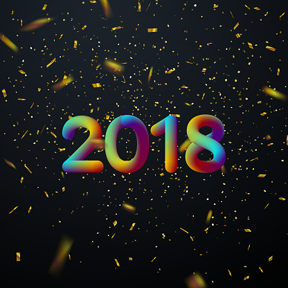 Happy new 2018 year. 3d iridescent gradient 2018 number with golden confetti. Typographic element for holiday new year design. Liquid colors. Visual communication poster design. Vector illustration.